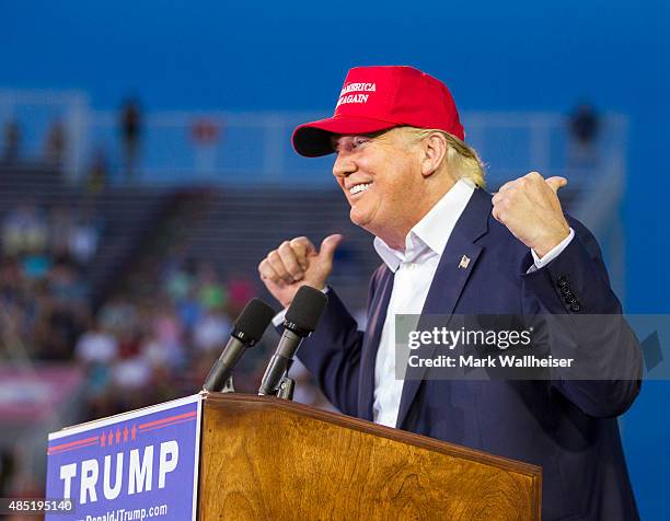Republican presidential candidate Donald Trump speaks at Ladd-Peebles Stadium on August 21, 2015 in Mobile, Alabama. The Donald Trump campaign moved...