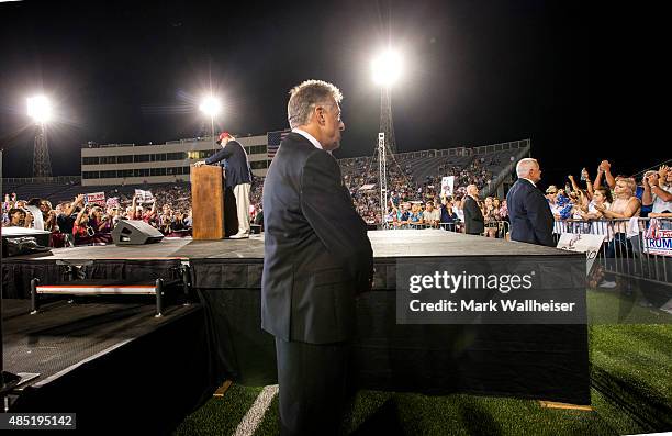 Republican presidential candidate Donald Trump speaks at Ladd-Peebles Stadium on August 21, 2015 in Mobile, Alabama. The Donald Trump campaign moved...