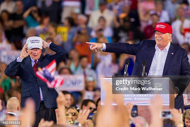 Republican presidential candidate Donald Trump introduces Alabama Senator Jeff Sessions Mobile during his rally at Ladd-Peebles Stadium on August 21,...