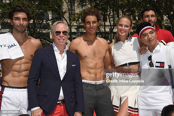 Akin Akman, Tommy Hilfiger, Rafael Nadal, Constance Jablonski, Noah Mills and Bryan Boy pose at the Tommy Hilfiger and Rafael Nadal Global Brand...