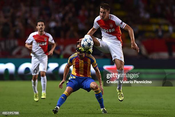 Mario Pasalic of Monaco controls the ball during the UEFA Champions League qualifying round play off second leg match between Monaco and Valencia on...