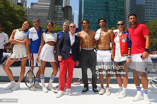 Constance Jablonski, Arthur Kulkov, Chanel Iman, Jane Lynch, Tommy Hilfiger, Rafael Nadal, Akin Akman, Hannah Davis and Noah Mills pose at the Tommy...