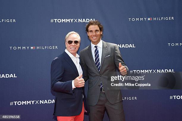 Tommy Hilfiger and Rafael Nadal attend the Tommy Hilfiger and Rafael Nadal Global Brand Ambassadorship Launch at Bryant Park on August 25, 2015 in...