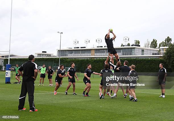 Jacques Potgieter of the Barbarians wins a lineout during a Barbarians training session at Latymer Upper School sports ground on August 25, 2015 in...