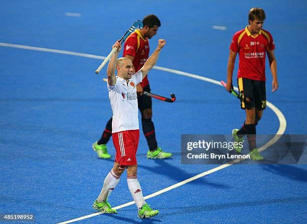 Nick Catlin of England celebrates after beating Spain on day five of the Unibet EuroHockey Championships at Lee Valley Hockey and Tennis Centre on...