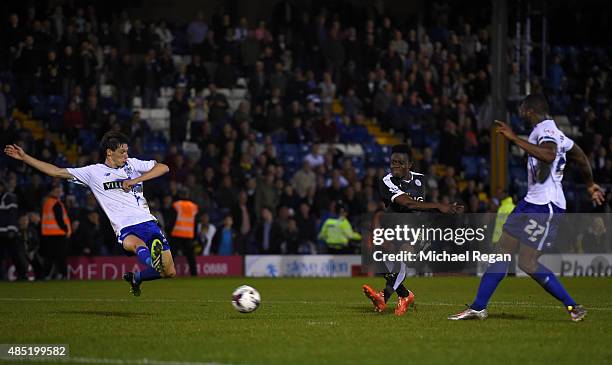 Joseph Dodoo of Leicester City scores his third goal and his team's fourth during the Capital One Cup second round match between Bury and Leicester...