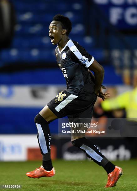 Joseph Dodoo of Leicester City celebrates his hat trick during the Capital One Cup second round match between Bury and Leicester City at Gigg Lane on...
