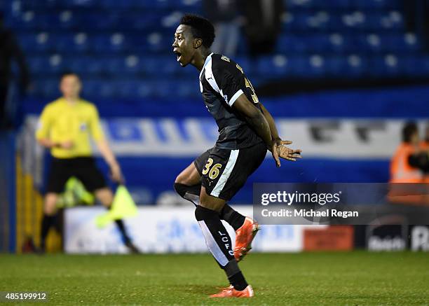 Joseph Dodoo of Leicester City celebrates his hat trick during the Capital One Cup second round match between Bury and Leicester City at Gigg Lane on...