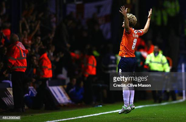 Cameron McGeehan of Luton Town celebrates his goal during the Capital One Cup second round match between Luton Town and Stoke City at Kenilworth Road...