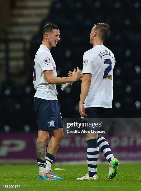 Winning goalscorer Marnick Vermijl of Preston North End celebrates with Alan Browne after the Capital One Cup Second Round match between Preston...