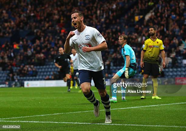 Marnick Vermijl of Preston North End celebrates after scoring the opening goal during the Capital One Cup Second Round match between Preston North...