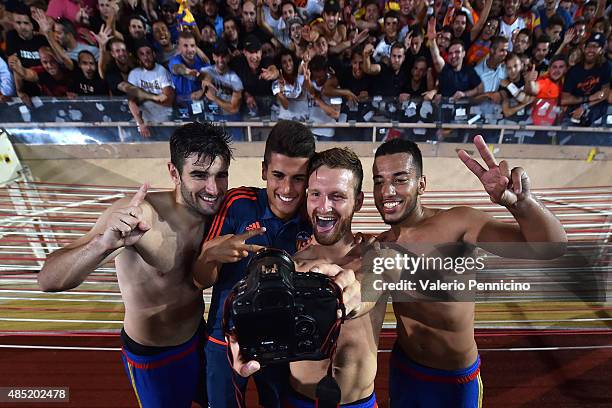 Players of Valencia pose for a selfie at the end of the UEFA Champions League qualifying round play off second leg match between Monaco and Valencia...