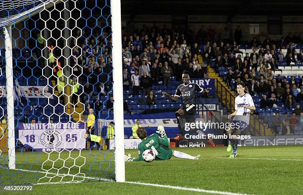 Joe Dodoo of Leicester City scores his second goal to make it 1-3 during the Capital One Cup second round match between Leicester City and Bury at...