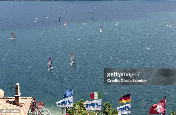 Sailboarding at Lake Garda, Hotel Pier Surf Center on August 10, 2015 in Riva del Garda, Italy.