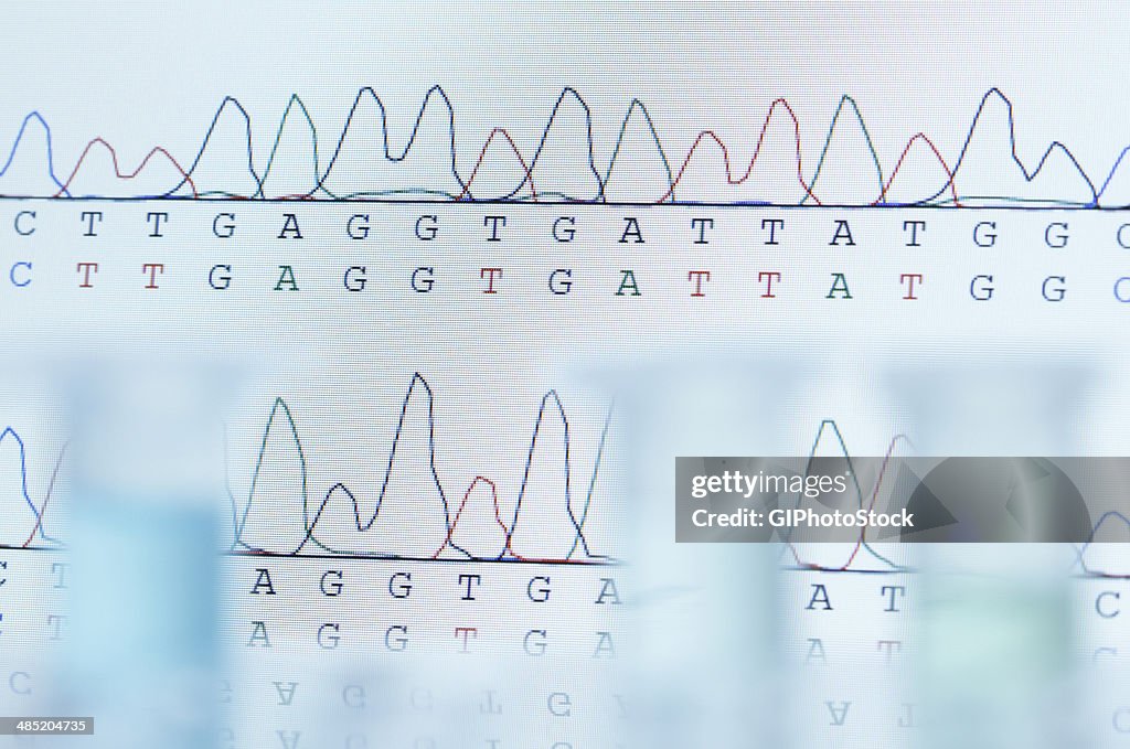 DNA sequencing. Computer monitor displaying results of automated DNA sequencing with defocused microcentrifuge tubes in the front