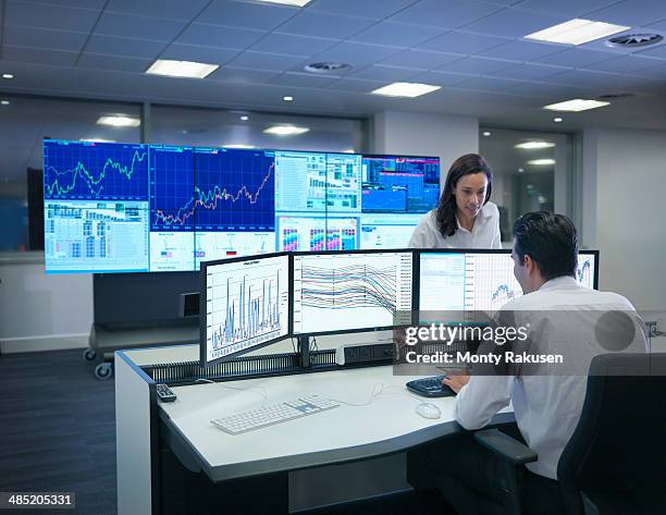 financial analysts working with graphs on screens in control room - financial analyst photos et images de collection