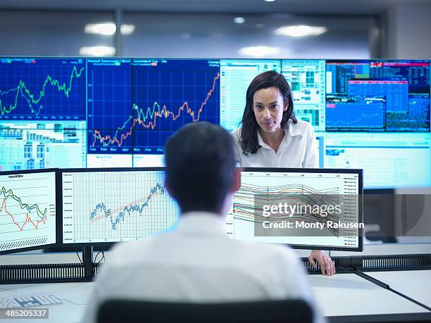 financial analysts looking at screens in control room - south ruislip stock pictures, royalty-free photos & images