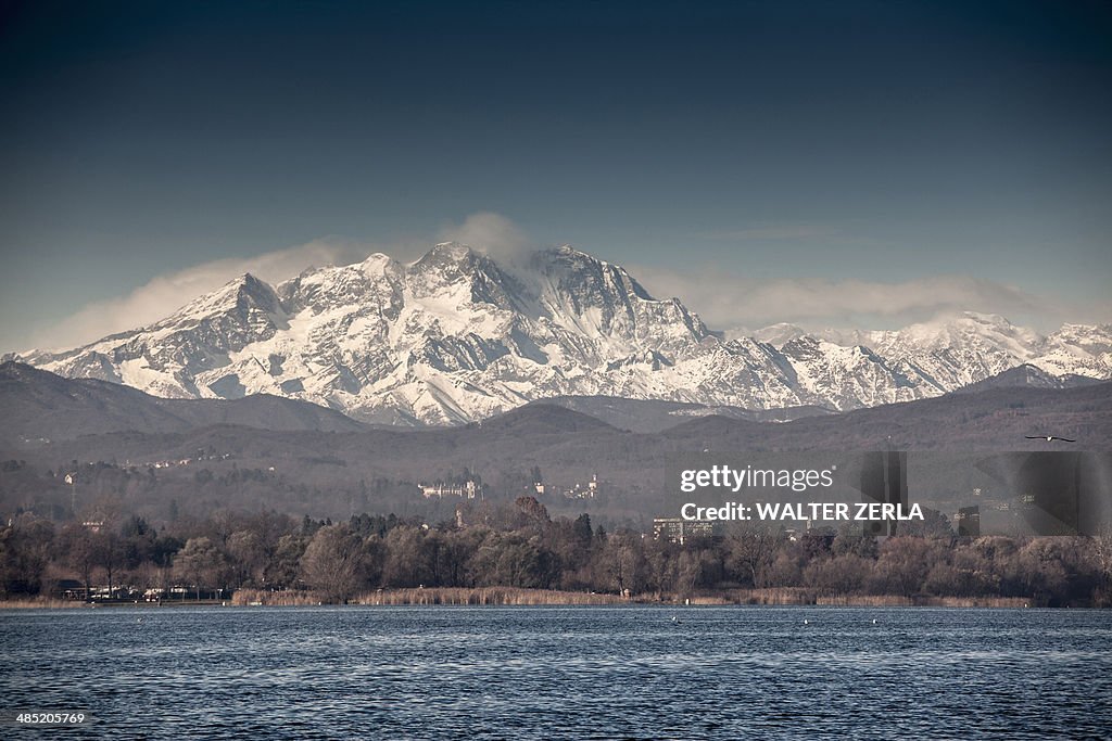 Mount Rosa beyond Lake Maggiore, Arona, Italy