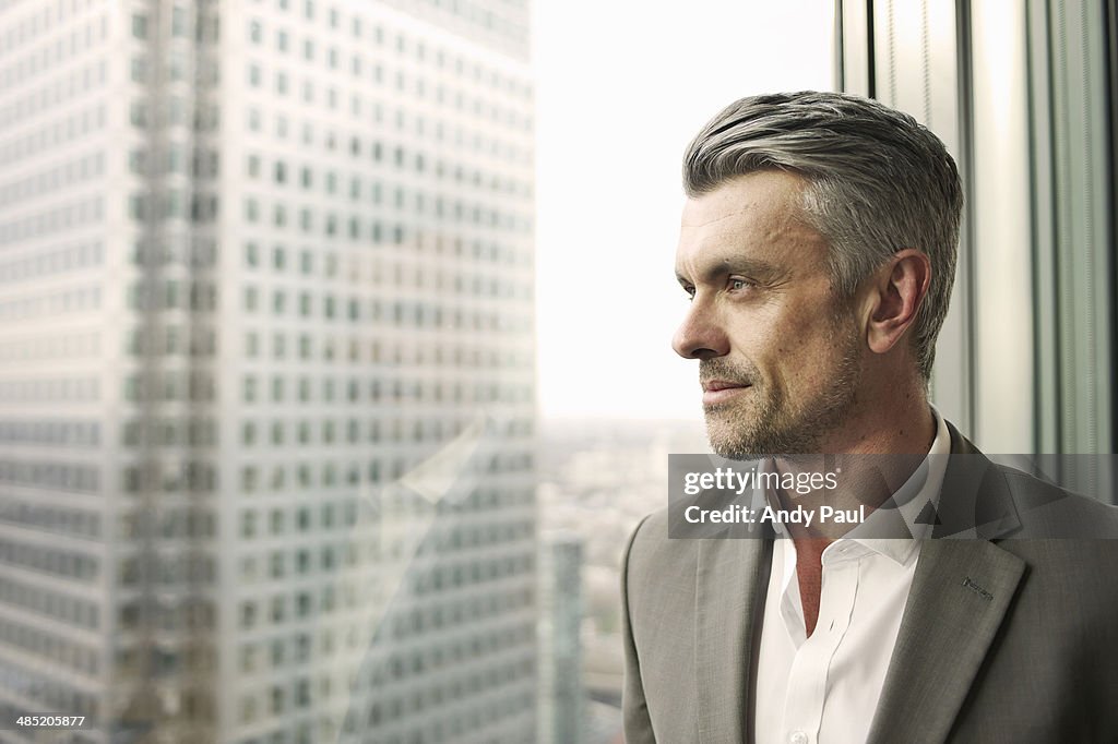 Portrait of mature businessman looking out of office window