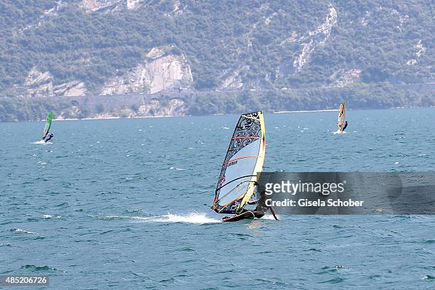 Sailboarding at Lake Garda, Hotel Pier Surf Center on August 12, 2015 in Riva del Garda, Italy.