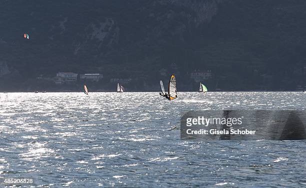 Sailboarding at Lake Garda, Hotel Pier Surf Center on August 21, 2015 in Riva del Garda, Italy.