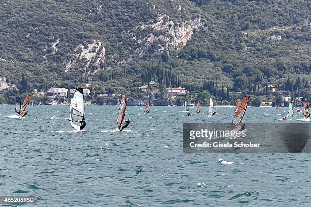 Sailboarding at Lake Garda, Hotel Pier Surf Center on August 22, 2015 in Riva del Garda, Italy.