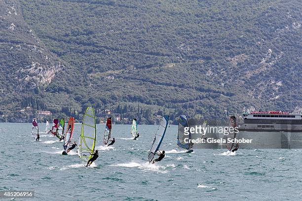 Sailboarding at Lake Garda, Hotel Pier Surf Center on August 22, 2015 in Riva del Garda, Italy.