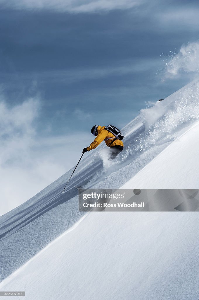 Mid adult male skier speeding downhill, Obergurgl, Austria