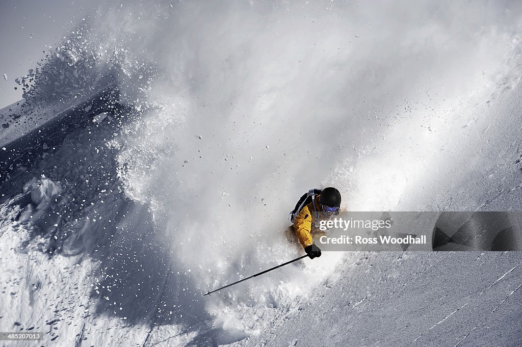 Mid adult male skier speeding on hill, Obergurgl, Austria