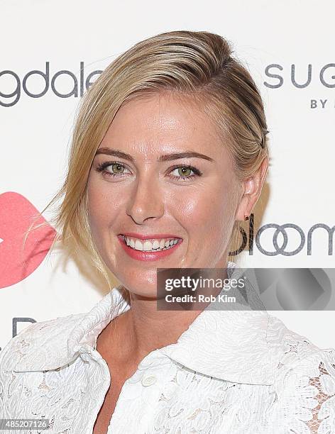 Tennis player Maria Sharapova celebrates the new Sugarpova Pop-Up Shop at Bloomingdale's on August 25, 2015 in New York City.