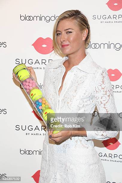 Tennis player Maria Sharapova celebrates the new Sugarpova Pop-Up Shop at Bloomingdale's on August 25, 2015 in New York City.