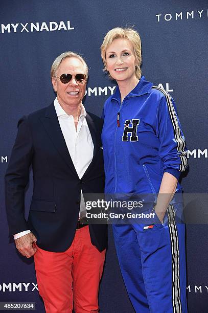 Tommy Hilfiger and Jane Lynch attend the Tommy Hilfiger And Rafael Nadal Launch Global Brand Ambassadorship at Bryant Park on August 25, 2015 in New...