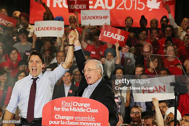 Federal Liberal Leader Justin Trudeau campaigns with former Prime Minister Paul Martin during the Canadian Federal Election at the Embassy Grand...