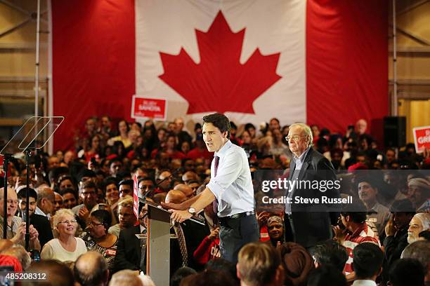 Federal Liberal Leader Justin Trudeau campaigns with former Prime Minister Paul Martin during the Canadian Federal Election at the Embassy Grand...