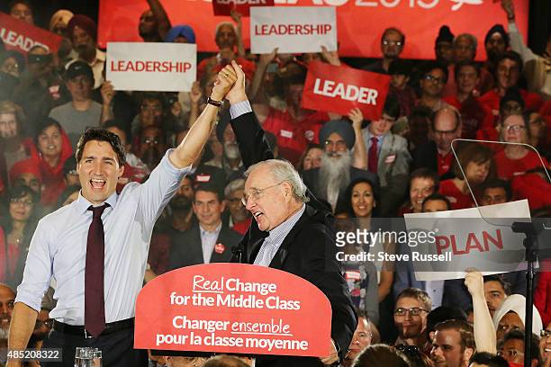 Federal Liberal Leader Justin Trudeau campaigns with former Prime Minister Paul Martin during the Canadian Federal Election at the Embassy Grand...
