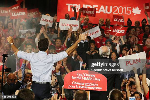 Federal Liberal Leader Justin Trudeau campaigns with former Prime Minister Paul Martin during the Canadian Federal Election at the Embassy Grand...