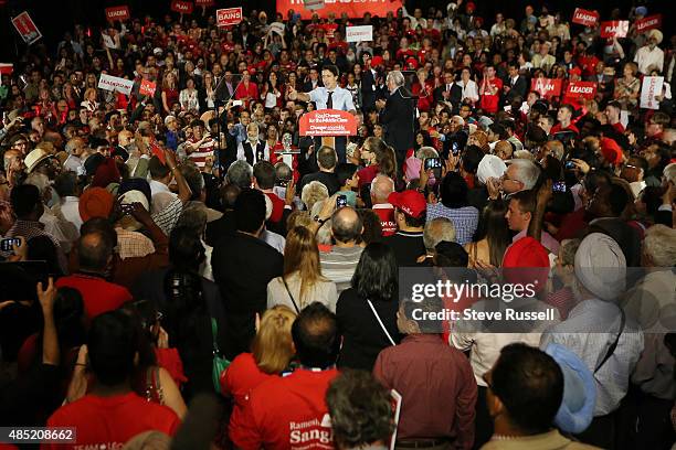 Federal Liberal Leader Justin Trudeau campaigns with former Prime Minister Paul Martin during the Canadian Federal Election at the Embassy Grand...