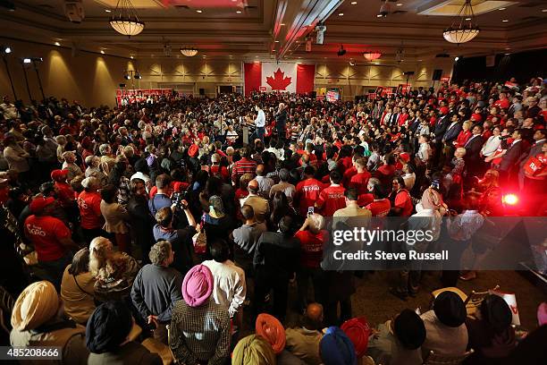 Federal Liberal Leader Justin Trudeau campaigns with former Prime Minister Paul Martin during the Canadian Federal Election at the Embassy Grand...