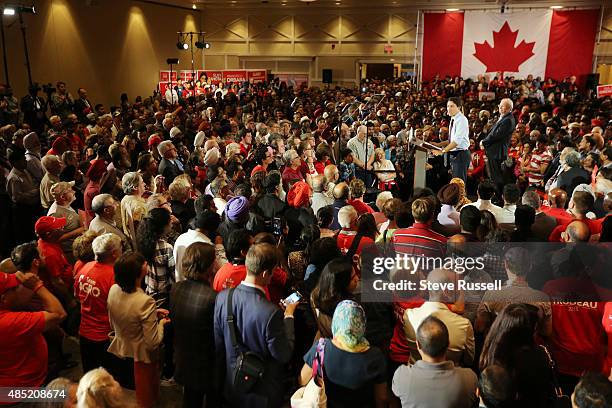 Federal Liberal Leader Justin Trudeau campaigns with former Prime Minister Paul Martin during the Canadian Federal Election at the Embassy Grand...