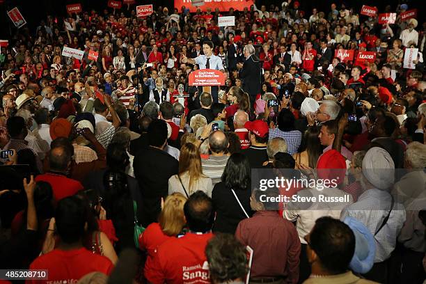 Federal Liberal Leader Justin Trudeau campaigns with former Prime Minister Paul Martin during the Canadian Federal Election at the Embassy Grand...