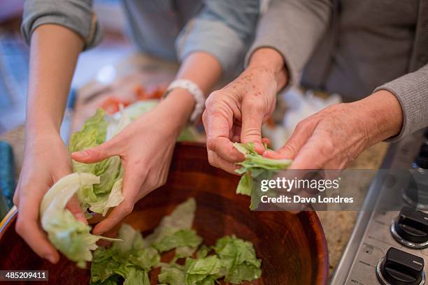 senior woman and granddaughter preparing lettuce for salad - gran londres stock pictures, royalty-free photos & images