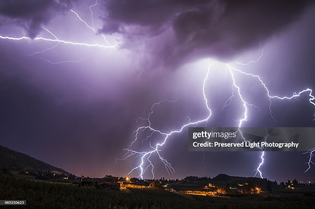 Lightning bolts over south Okanagan Valley, Penticton, British Columbia, Canada