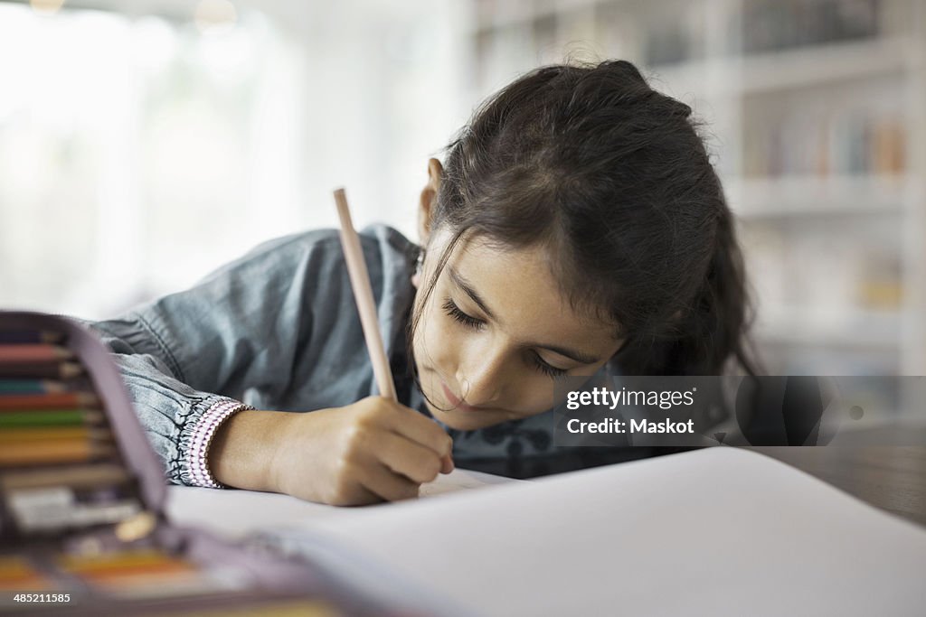 Girl studying at table in house
