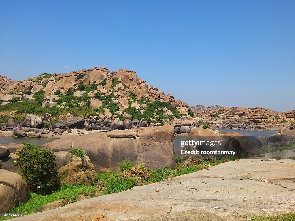 Índia, Karnataka, Hampi, Bellary, Tungabhadra, Paisagem Rio