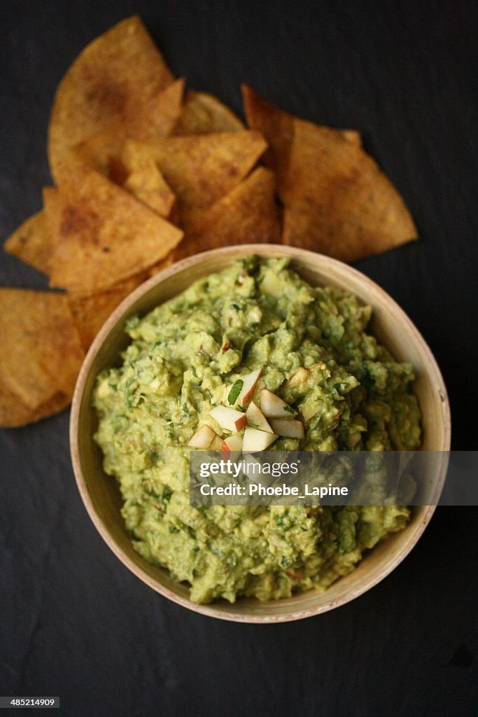 Bowl of Guacamole with tortilla chips