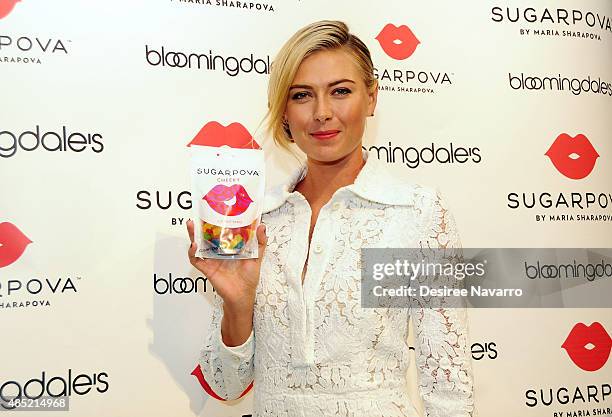 Tennis player Maria Sharapova celebrates the new Sugarpova pop-up shop at Bloomingdale's on August 25, 2015 in New York City.