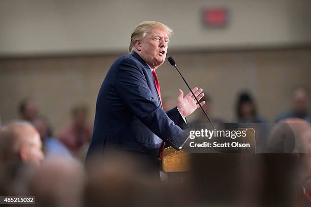 Republican presidential candidate Donald Trump speaks to guests gathered for a campaign event at the Grand River Center on August 25, 2015 in...