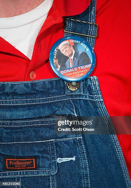 Guest waits for Republican presidential candidate Donald Trump to arrive at a campaign event at the Grand River Center on August 25, 2015 in Dubuque,...