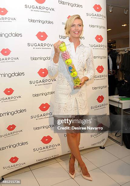 Tennis player Maria Sharapova celebrates the new Sugarpova pop-up shop at Bloomingdale's on August 25, 2015 in New York City.