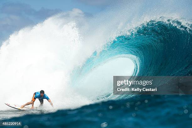 Gabriel Medina finished runner-up to Jeremy Flores in the final of the Billabong Pro Tahit at on August 25, 2015 in Teahupo'o, French Polynesia.